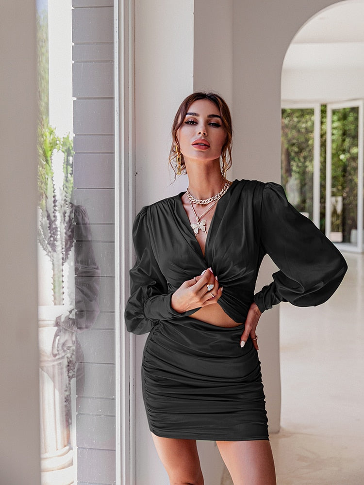 Hoobd Sexy deep v neck bodycon dress Party club hollow out mini dress Elegant winter autumn chic lantern sleeve satin dress