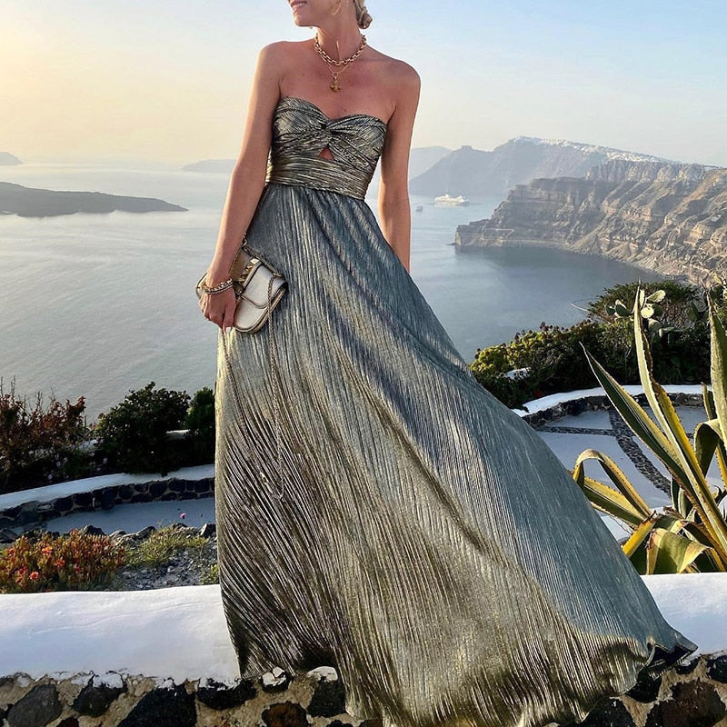 Hoobd Sexy Dress Women Elegant Solid Strapless Maxi Party Dress Summer Casual Sleeveless Female Streetwear Long Dress Vestidos
