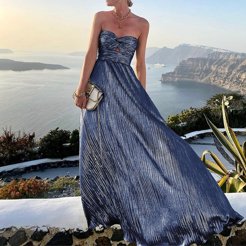 Hoobd Sexy Dress Women Elegant Solid Strapless Maxi Party Dress Summer Casual Sleeveless Female Streetwear Long Dress Vestidos