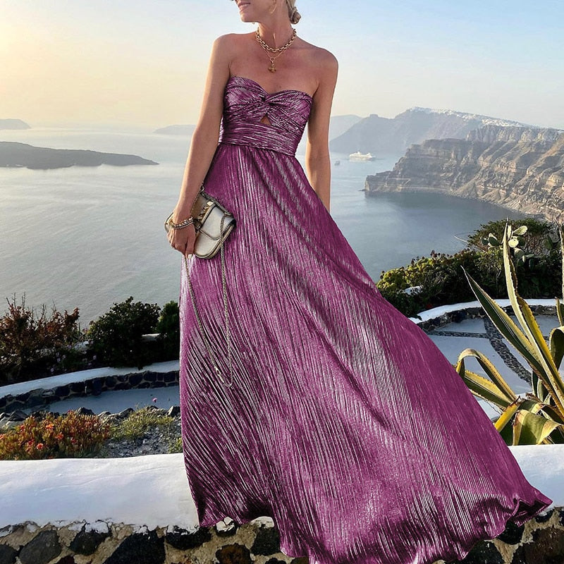 Hoobd Sexy Dress Women Elegant Solid Strapless Maxi Party Dress Summer Casual Sleeveless Female Streetwear Long Dress Vestidos