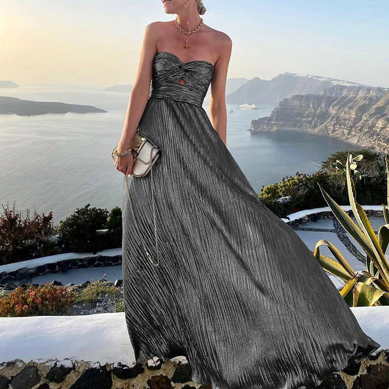 Hoobd Sexy Dress Women Elegant Solid Strapless Maxi Party Dress Summer Casual Sleeveless Female Streetwear Long Dress Vestidos