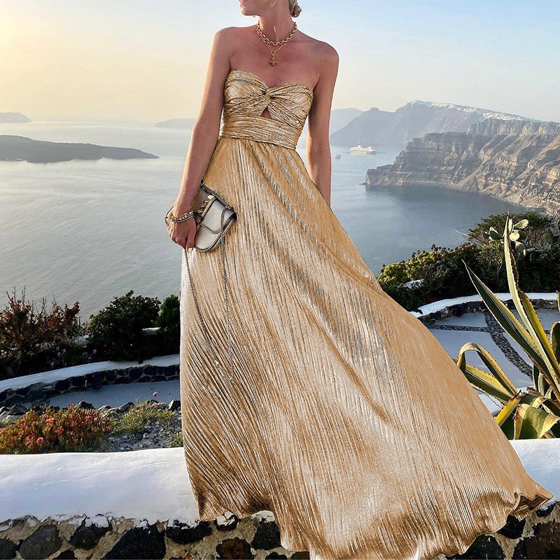 Hoobd Sexy Dress Women Elegant Solid Strapless Maxi Party Dress Summer Casual Sleeveless Female Streetwear Long Dress Vestidos