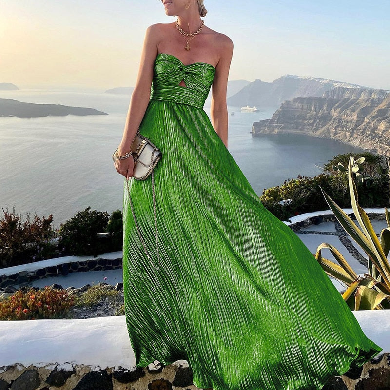 Hoobd Sexy Dress Women Elegant Solid Strapless Maxi Party Dress Summer Casual Sleeveless Female Streetwear Long Dress Vestidos