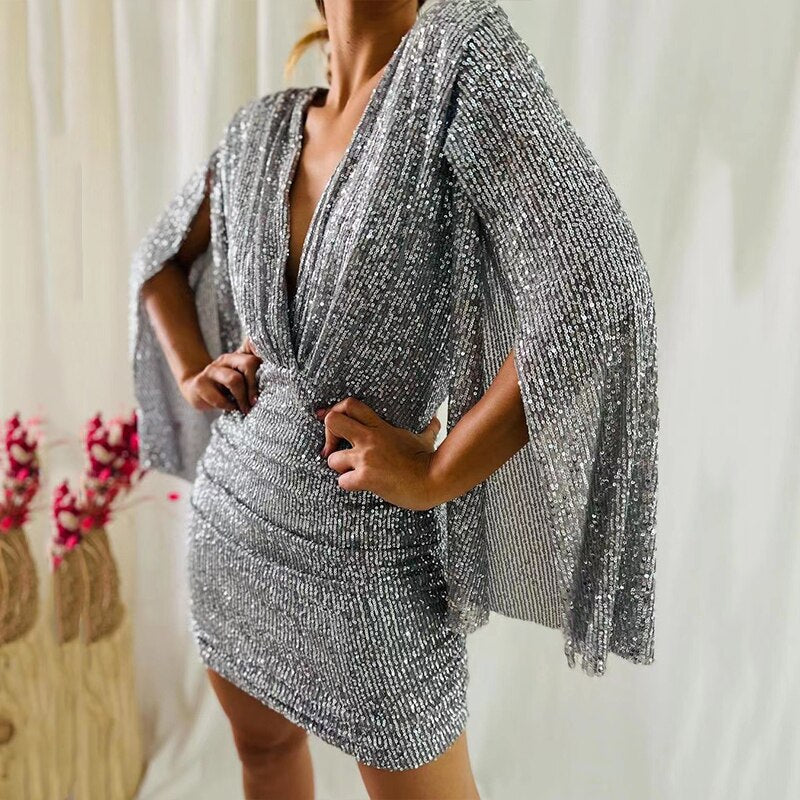 Hoobd Sexy Deep V-neck Solid Mini Dress Women Elegant Batwing Sleeve Split Bodycon Dress Office Fashion Sequins Backless Party Dresses