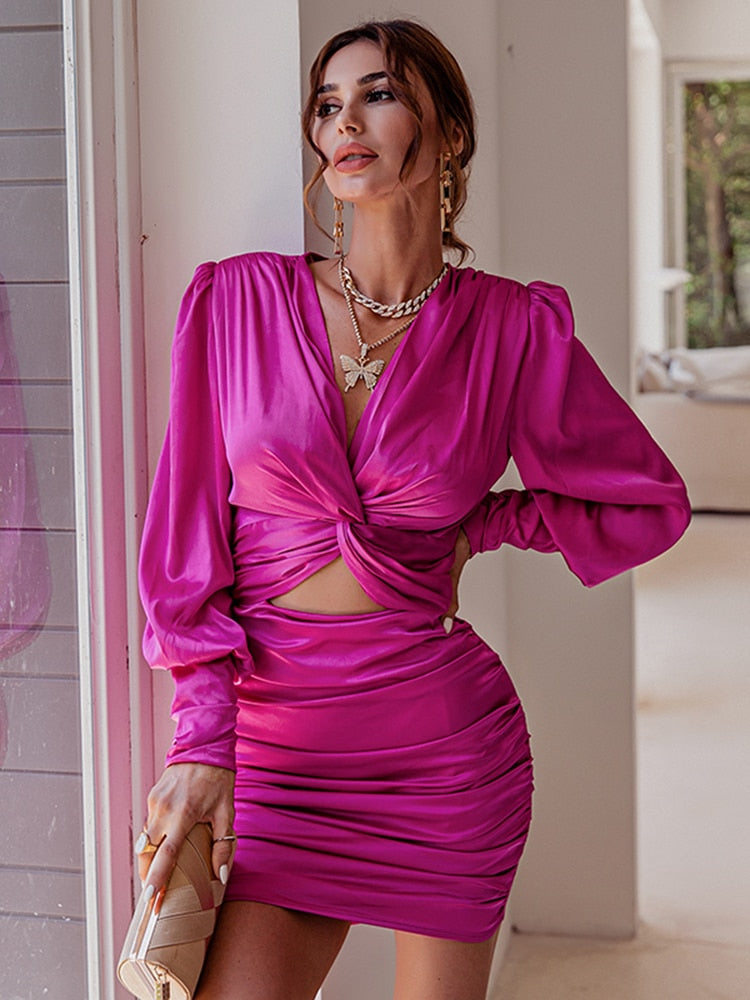 Hoobd Sexy deep v neck bodycon dress Party club hollow out mini dress Elegant winter autumn chic lantern sleeve satin dress