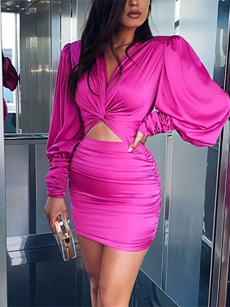 Hoobd Sexy deep v neck bodycon dress Party club hollow out mini dress Elegant winter autumn chic lantern sleeve satin dress