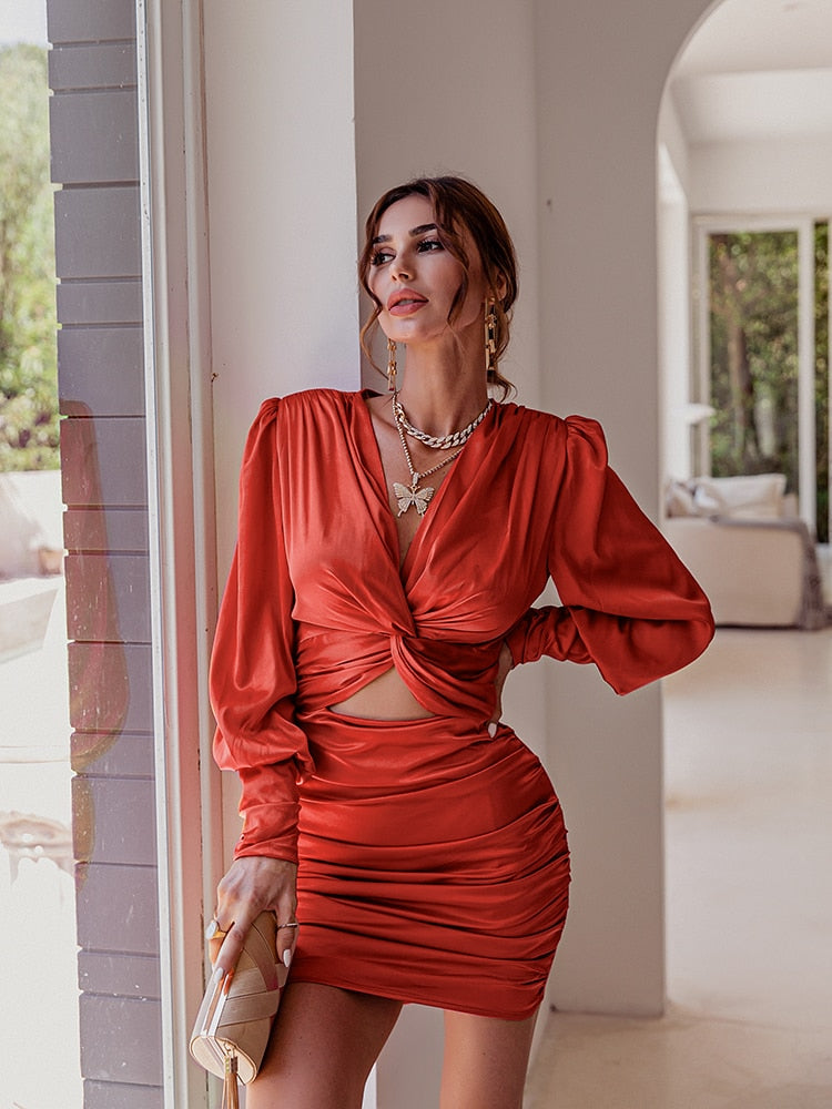 Hoobd Sexy deep v neck bodycon dress Party club hollow out mini dress Elegant winter autumn chic lantern sleeve satin dress