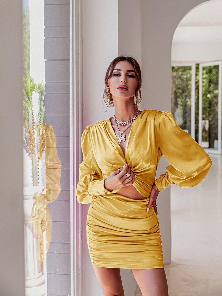 Hoobd Sexy deep v neck bodycon dress Party club hollow out mini dress Elegant winter autumn chic lantern sleeve satin dress